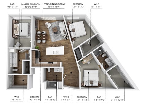 Floor plan for 3 beds, 3 baths, 1420 sqft
